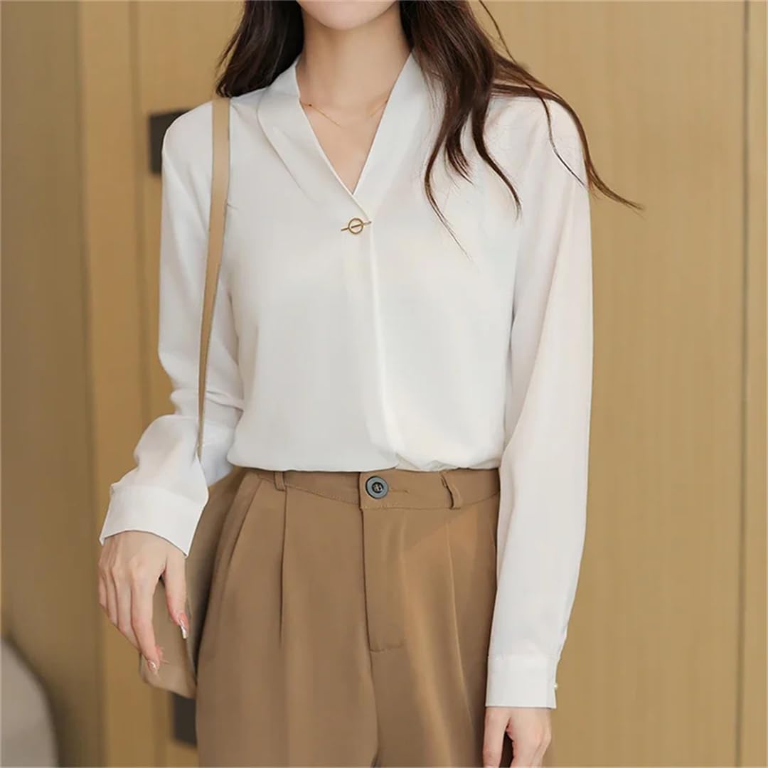 Camicia da donna in chiffon, con scollo a V, a maniche lunghe, stile vintage