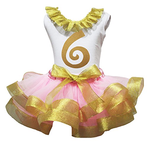 Image of Petitebella Bling Gold 1 to 6 White Shirt Pink Gold Petal Skirt Outfit