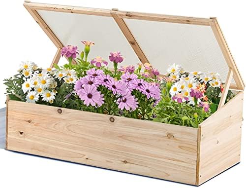 GiantexUK Wooden Cold Frame Greenhouse, Polycarbonate Plant Growhouse with Openable Top, Outdoor Garden Vegetables Flowers Green House