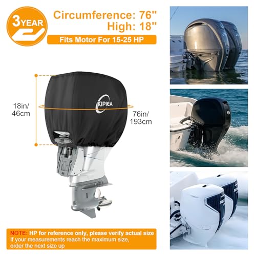 Image of Kipiea Outboard Motor Cover 1300D Heavy Duty Waterproof, Anti UV, No Tears & No Fading,Boat Motor Cover Fit for Motor 15-25 Hp (76 inch Circumference x 18 inch Height) Black