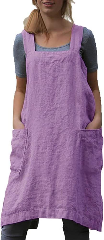 YESDOO Cotton Linen Apron Cross Back Apron for Women with Pockets Pinafore Dress for Baking Cooking