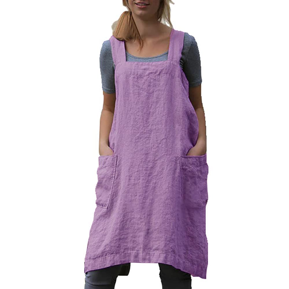 VLZUFE Cotton Linen Apron for women Cross Back Apron Pinafore Dress for Baking Cooking Gardening Work - Purple - Medium