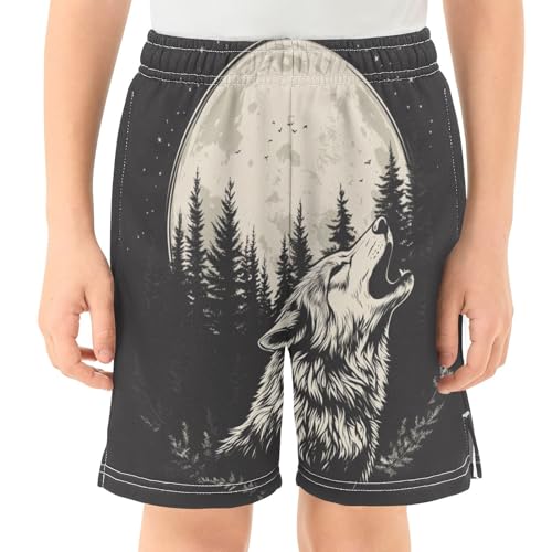 DOMIKING Wolf Moon Black Kids Shorts Pull-on Boys Shorts with Elastic Waist Casual Athletic Pants for Outdoor Summer2