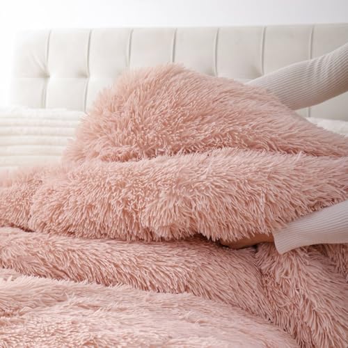Smoofy Fluffy Twin Comforter Set, Faux Fur Comforter Set Pink, Luxury Fuzzy Twin Bedding Set Pink, Soft Shaggy Bed Set for All Season, 2 Pieces - 1 Comforter & 1 Pillowcase, Blush