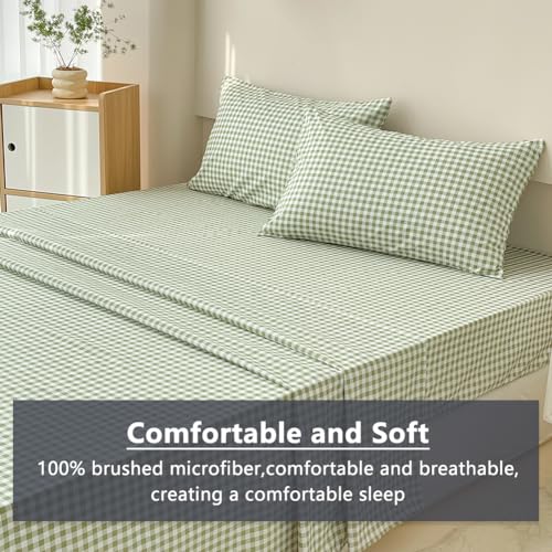 NSNLGSGC Sage Green Gingham Twin Sheet Set, Soft Brushed Microfiber Plaid Twin Bed Sheets, 3-Pieces Sheet Set with Deep Pocket - Thumbnail 4