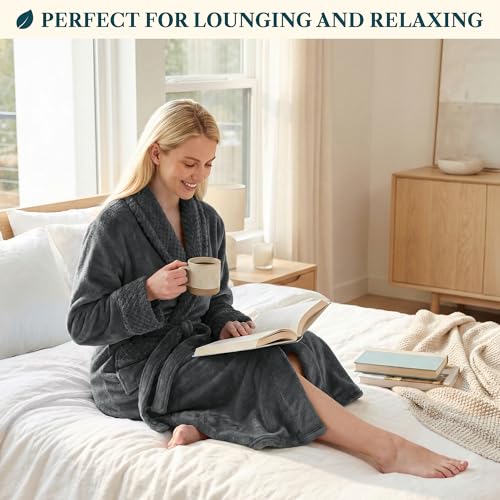 Image of PAVILIA Women's Plush Fleece Robe, Soft Cozy Long Bathrobe with Satin Waffle Trim, Warm Lightweight, Pockets & Tie Belt