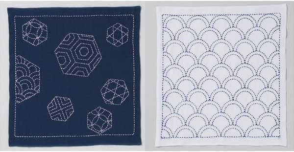刺し子キット 花ふきん 白紺の2枚 図案は青海波と六角形の２種 刺し子糸付き 図案プリント済み