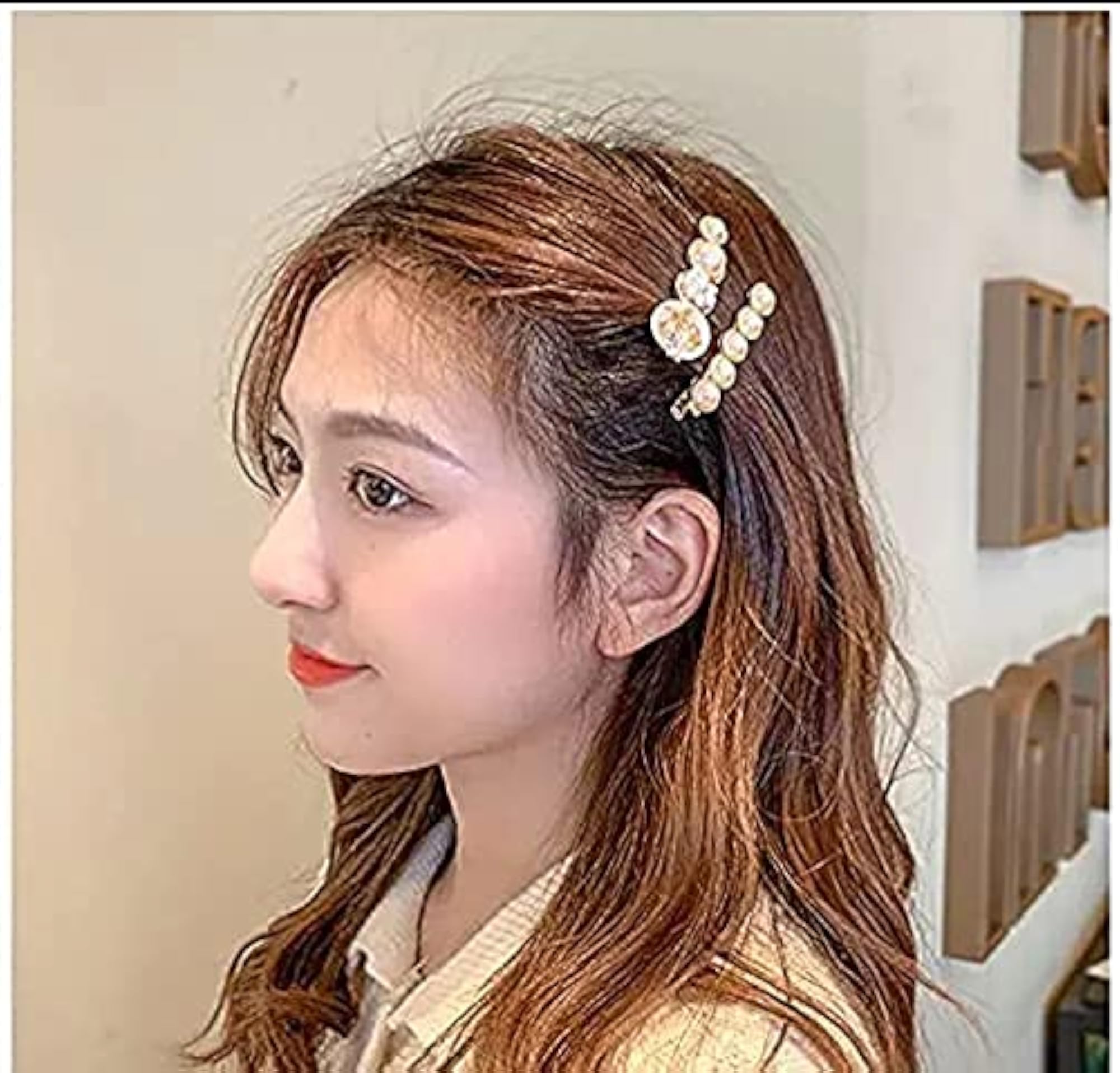 6pc Feather Pearl Hair Clip Set, White Stone