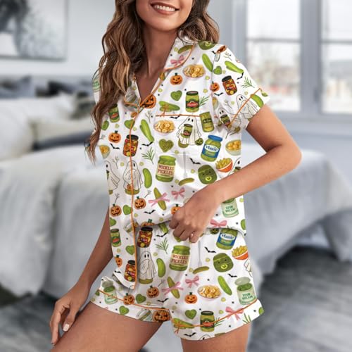 Pickle Halloween Satin Pajama Set For Women Print Comfy Satin Sleepwear & Loungewear Pjs Multi2