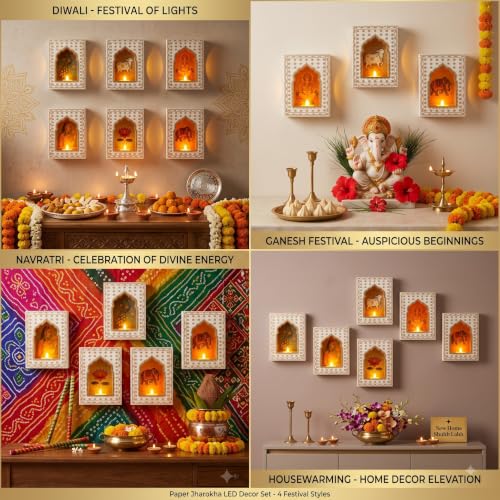 Image of JH Gallery Paper Jharokha Diya Set with LED Candles, DIY Wall Decor, Home Decoration Items for Diwali, Ganesh Chaturthi, Varalakshmi Pooja Decor, Mandir, Stairs & Festival Decoration (Pack of 6)