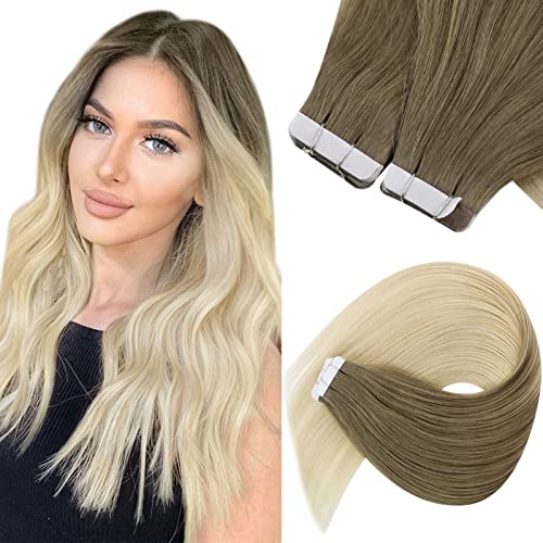 Sunny 22inch Full Head Tape Hair Extensions Human Hair Ombre Hair Extensions #8 Brown Fading with #60 Platinum Blonde Remy Tape Human Hair Extensions 50g 20pcs
