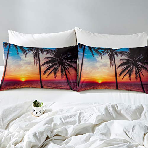 Feelyou Ocean Beach Themed Bedding Set King Size 3 Pcs,Tropical Sunset Beach With Palm Trees Comforter Cover,Peaceful Ocean Evening View Resort Bedspread Decorative 1 Duvet Cover And 2 Pillowcases #TOP3