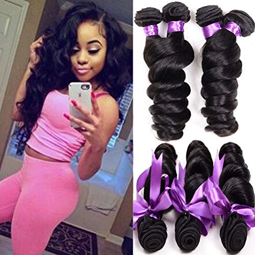 Loose Wave Brazilian Hair 8A Brazilian Loose Wave 3 Bundles Unprocessed Human Hair Extensions Mink Hair Bundles Wet and Wavy Human Hair Natural Black (12'' 14'' 16'')
