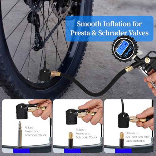 Image of Digital Bike Tire Pressure Gauge, Presta Valve Adaptor, Schrader to Presta Valve Adapter for Air Compressor, Schrader Valve Adapter, Easiest Use Presta and Schrader Air Compressor Tool