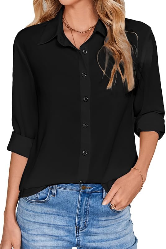 IBAOTORONI Womens Button Down Shirt Long Sleeve Collared Office Casual Chiffon Blouses