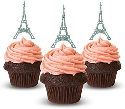 Cup Cake Topper Eiffel Tower, Paris Birthday Ideas, Glitter Card Stock 12pc Silver