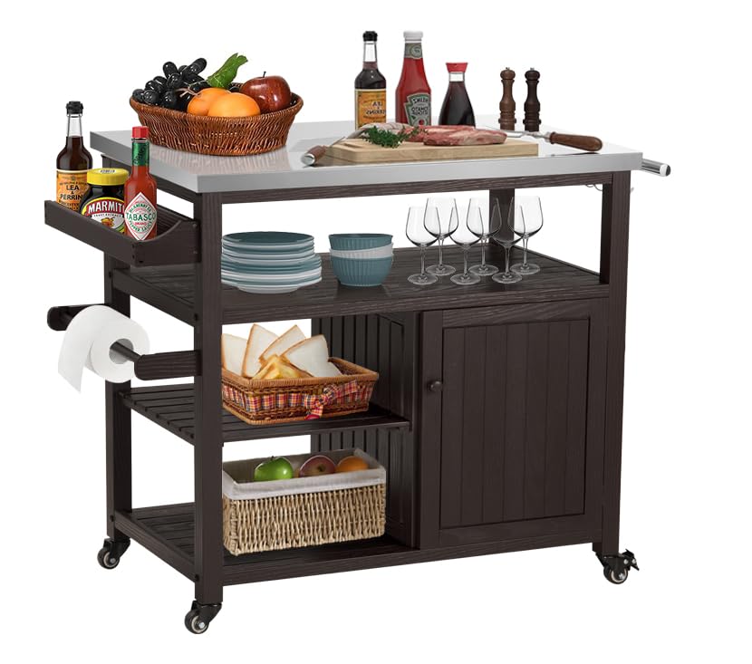AHB Outdoor Grill Table Solid Wood Storage Cabinet, Rolling Kitchen Island, Movable Bar Cart with Stainless Steel Top for Outside Patio, Backyard, Garden (Brown)