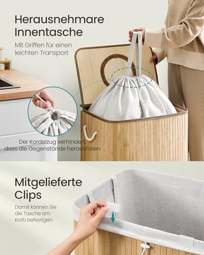 SONGMICS Pfandflaschen-Sammelbehälter, 120 L Pfandflaschen-Behälter, Bambus, Flaschensammler Leergut, Recycling-Behälter, mit Loch, Deckel, Innensack mit Griffen, Küche, naturbeige RRB012Y01