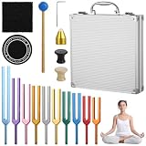 10 Pcs Tuning Forks with Mallet, Bases, and Box, Multi-Color Chakra Tuning Forks in Aluminum Alloy Case for Sound Therapy, Yoga, and Meditation