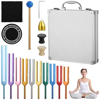 10 Pcs Tuning Forks with Mallet, Bases, and Box, Multi-Color Chakra Tuning Forks in Aluminum Alloy Case for Sound Therapy, Yoga, and Meditation