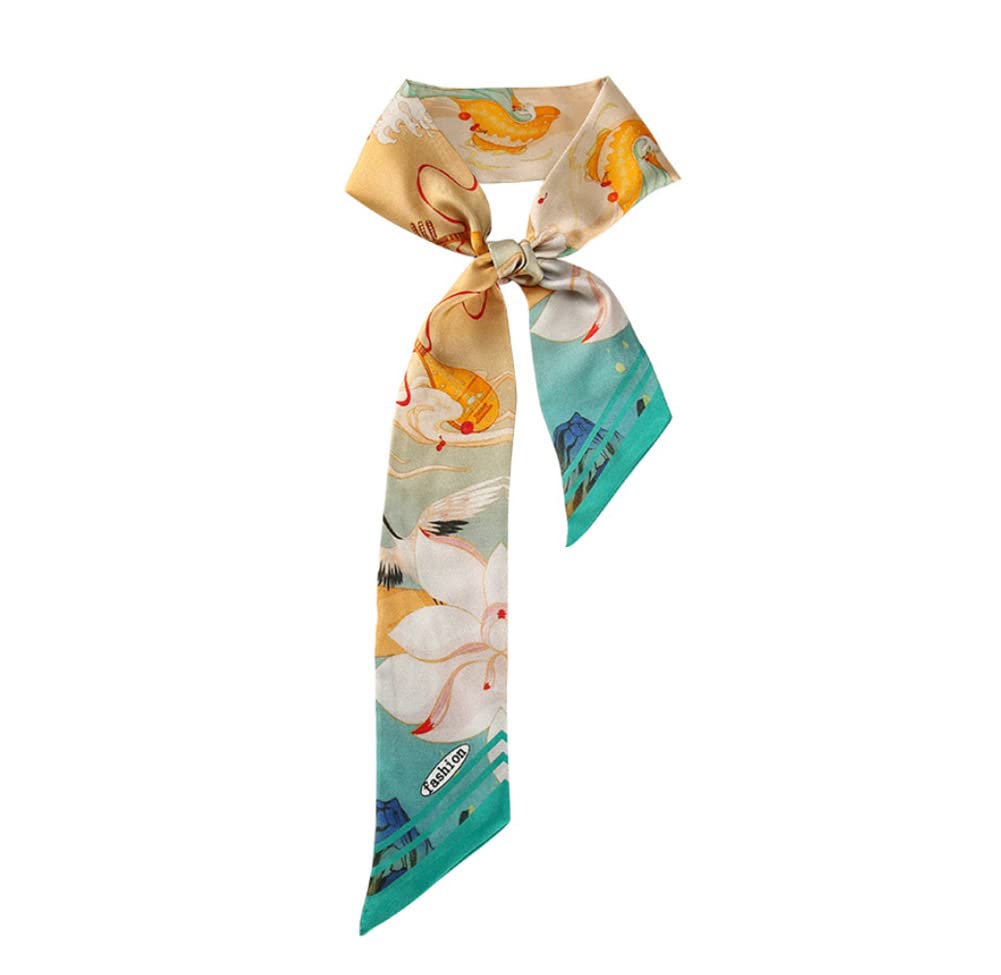 Jerla Women's Dunhuang Frescoes 100% Mulberry Silk Scarf Head Hair Ribbon Handbag Handle Wrap Tie Bundle Scarf Neckerchief Scarf For