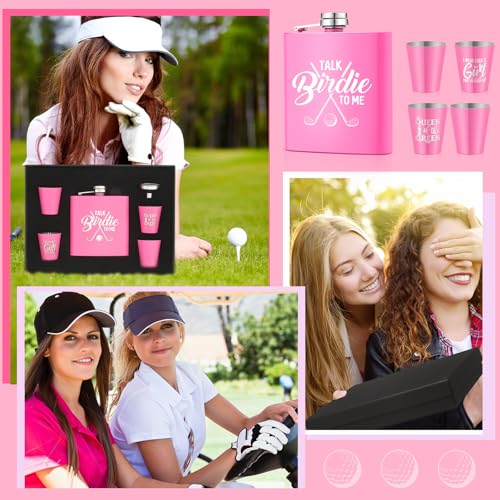 Realspring 6 Pcs Golf Gift Set for Women 6oz Golf Bottle with 4 Stainless Steel Glasses 1 Funnel for Golfers Funny Golfer Accessories for Women Mom Birthday Gift