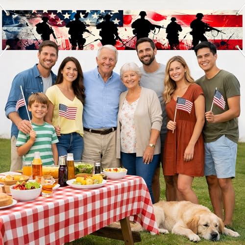 Image of BlissYard Thank You Veterans Banner Patriotic Banner for Outside 118 x 20 Inch 4th of July Memorial Day Veterans Day Backdrop American Flag Outdoor Decorations for Yard Fence Porch