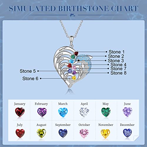 Nobelook Personalized Love Heart Dolphin Pendant Necklace Engraved 1-4 Name with Simulated Birthstones Jewelry Gifts for Mothers Wife Girlfriend BFF Valentine's Day (8 birthstones+8 Names)2