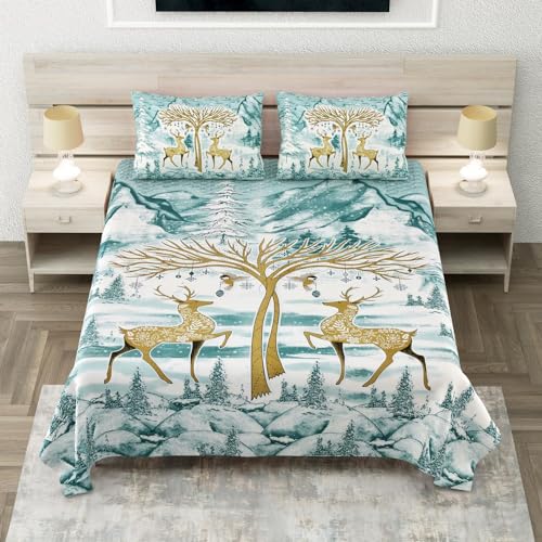 Image of 240 TC 100% Cotton Bedsheet for Double Bed King Size with 2 Pillow Covers | Breathable & Super Soft Rajasthani Sanganeri Jaipuri Printed Bed Sheet -108 * 108 Inches (Dual Deer 2)