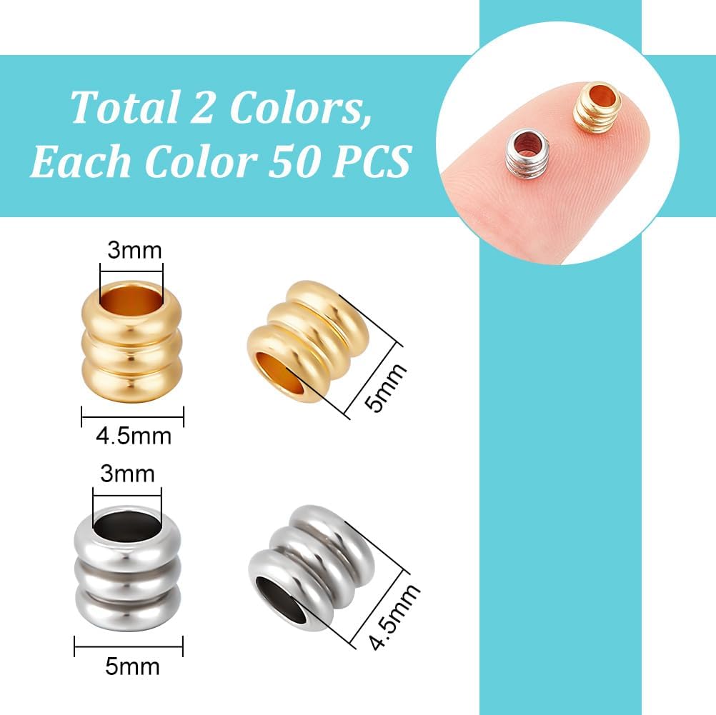 UNICRAFTALE 100Pcs 2 Colors Paracord Bead Stainless Steel Lanyard Beads Grooved Loose Beads 4.5-5mm Diameter Metal Column Beads Jewelry Spacer Bead Hole 3mm for Necklace Bracelet Jewelry Making - Image 3