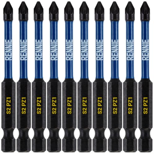 10 x Rennie Tools 75mm Long PZ1 Impact Screwdriver Driver Bits Set. Heavy Duty PoziDriv POZI No.1 Magnetic Screwdriver Bit Set. PZ1 Impact Driver Bits Pozidrive Screw Accessories.