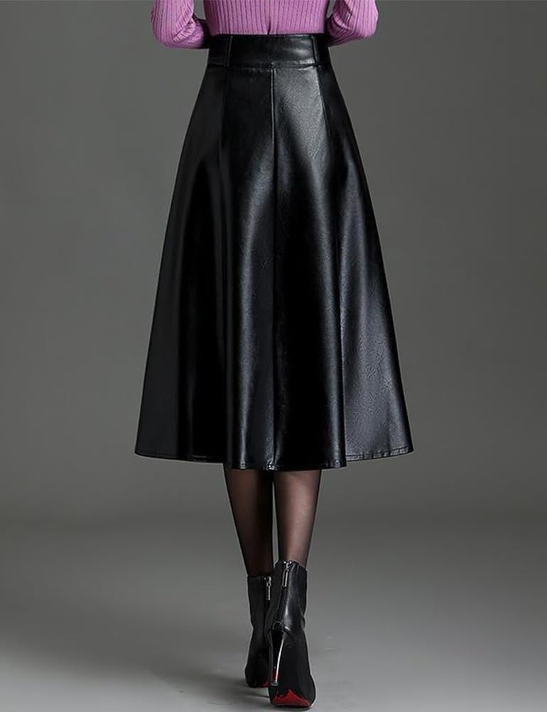 Womens Midi Leather Skirt High Waisted Fall Winter Vintage A Line PU Leather Ruffle Skirt - Image 2