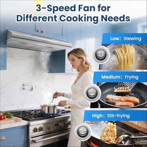 Image of Under Cabinet Range Hood 30 inch, Stainless Steel Kitchen Hood with 280 CFM, Button Controls, Stove hood with Carbon Filter, Ducted /Ductless Convertible, 2 Pcs Aluminum Filters