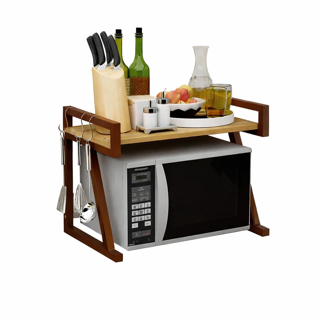 54101 Space Saving Storage Microwave Oven Shelf Metal Microwave Oven Rack Kitchen Shelf 2 Layer Storage Rack Oven Rack Double Storage Shelf Microwave Shelf Stand - Brown-image-40