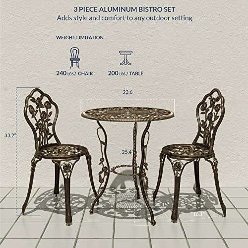 Belleze 3 Piece Bistro Set, Aluminum Bistro Table Set Outdoor Bistro Set, Weather-Resistant Garden Table And Chairs Wrought Iron Patio Furniture For Balcony Backyard, Rose Design - Bronze #TOP1