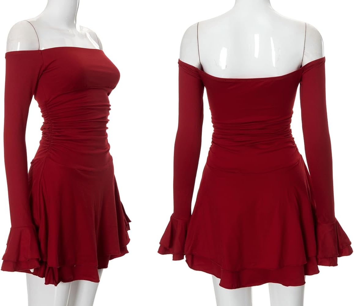 MiiVoo Women's Long Sleeve Tube Dress Sexy Off Shoulder Ruffle Tiered Flowy Bodycon Mini Dresses - Image 5