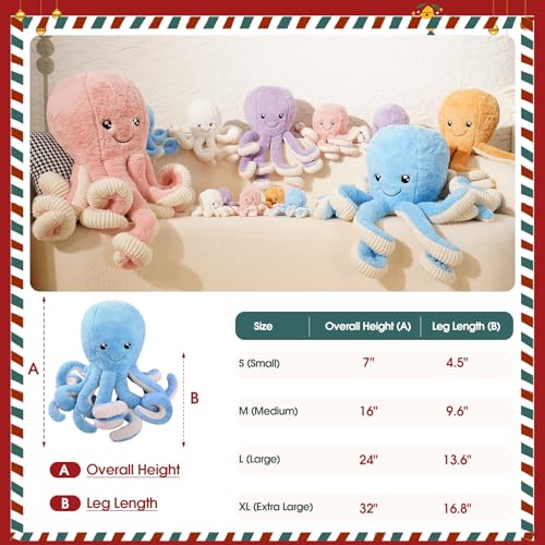 Image of DENTRUN Octopus Plush Toy, Cute Stuffed Animal in 5 Colors 4 Sizes for Gift | 7 /16 /24 /32 inch sizes, 5 vibrant colors, soft plush sea animal, giant gift for all ages, birthday /Xmas /Halloween
