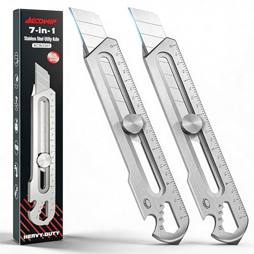 Image of BECOWIN 2 Pack 7-in-1 Retractable Stainless Steel Utility Knife, Heavy Duty Box Cutter with Safety Lock, 18mm Snap-Off Blade Compatible, Multi Tool for Home, Office, Warehouse (Blades Not Included)