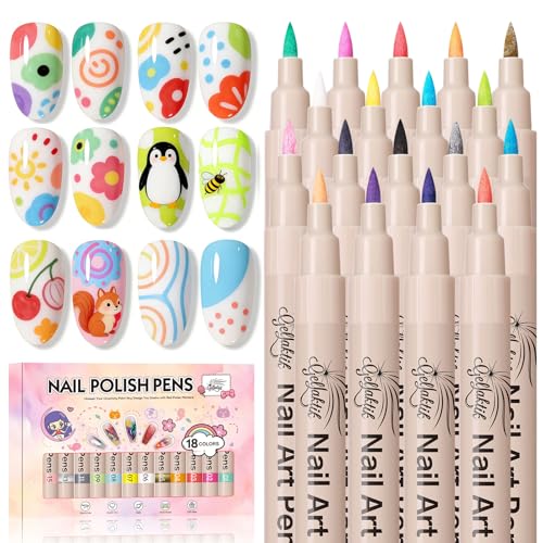 18 Colors Nail Art Pens Set, 3D Nail Polish Pens Quick-Drying Acr...