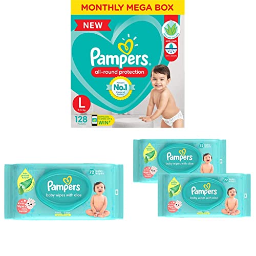 Image of Pampers New Diapers Pants Monthly Box Pack, Large (Pack of 128) & Pampers Aloe Vera Baby Wipes - 72 Count (Pack of 3)