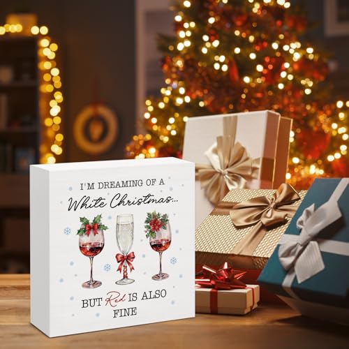 Image of Christmas Wine Decor, Wine Wood Box Sign, Drinks Lovers Gifts for Women Men, Farmhouse Christmas Home Office Decorations for Desk Table Shelf 5 X 5 Inches