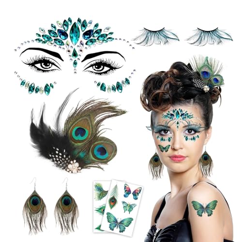 Accessorio per Costume da Pavone, ZoneYan Accessori Donna Ispirato al Pavone, Set Costume Paon Femme, Capelli Piume, Orecchini, Ciglia Finte, Adesivi per Viso con Strass, Tatuaggi Temporanei (verde-a)
