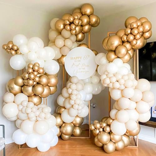Image of White and Gold Balloon Arch Garland Kit 153pcs with Star, 22 18 12 10 5in Different Size White Metallic Gold Confetti Latex Balloons for Birthday Anniversary Wedding Baby Shower Decoration
