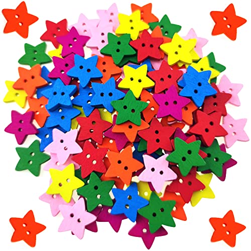 100 Pcs Colorful Wooden Star Buttons With 2 Holes Rustic Buttons For Clothes Sewing Scrapbooking Art Crafting Diy Decoration #TOP7