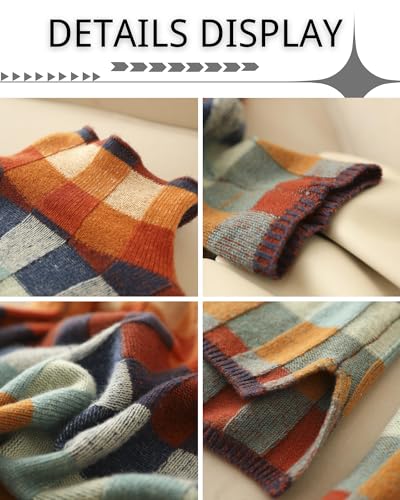 Image of CORIRESHA Women's Multicolor Checkered Turtleneck Long Sleeves Knit Casual Cozy Lazy Color Block Sweater