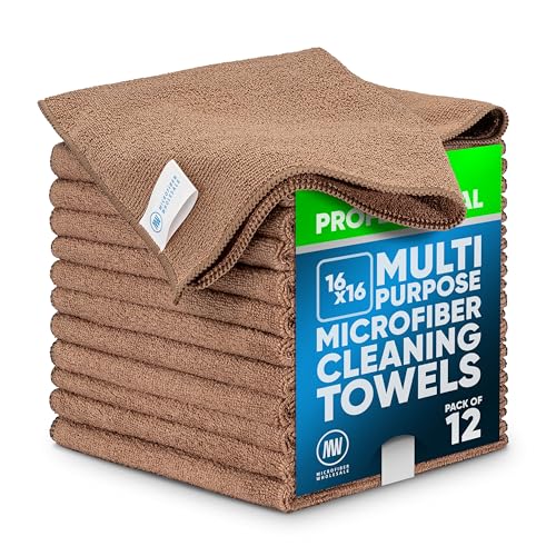 MW Pro Microfiber Cleaning Cloth | Tan | 12 Pack | 16” x 16” | All Purpose Microfiber Towels - Clean, Dust, Polish, Scrub, Absorbent