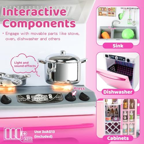 image for SOCBTNSO 64 PCS Pink Kitchen Toys with Lights Sounds|Mini Kitchen Hous