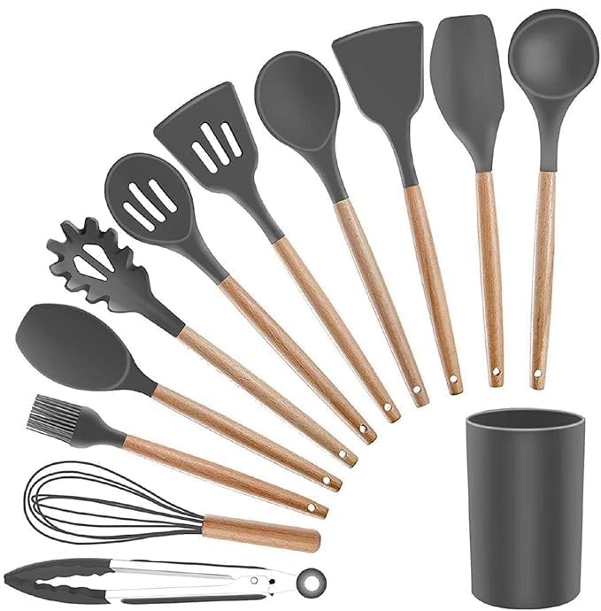 Image of Silicone Kitchen Utensil Set with Wooden Handles, 12 Piece Cooking Spoon Set with Holder, Dark Grey