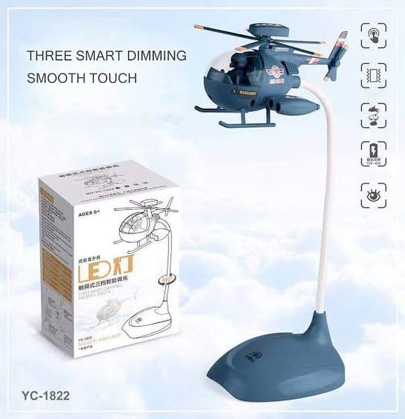 Image of WISHKEY Helicopter Theme LED Desk Lamp, 3 Modes Study Light with Touch Sensor, in-Built Battery Rechargeable, 360 Flexible Hose Table Light for Kids (Pack of 1, Assorted)