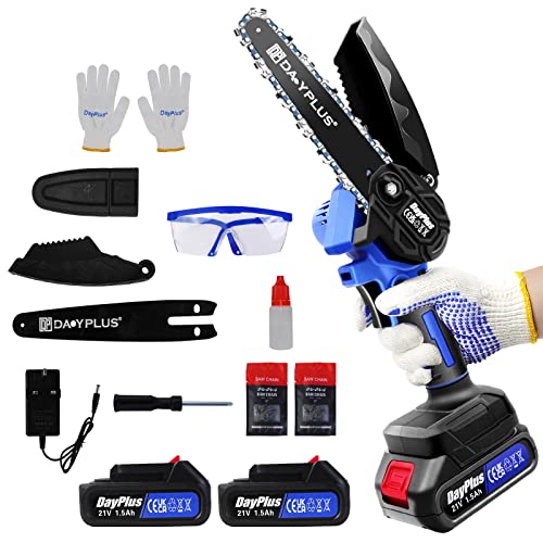 Mini Chainsaw 6-Inch with 2 * 1.5Ah Battery & 2 Chains, Upgraded 21V Brushless Battery Powered Cordless Chainsaw with Safe Lock, Portable Handheld Small Chainsaw for Wood Tree Trimming